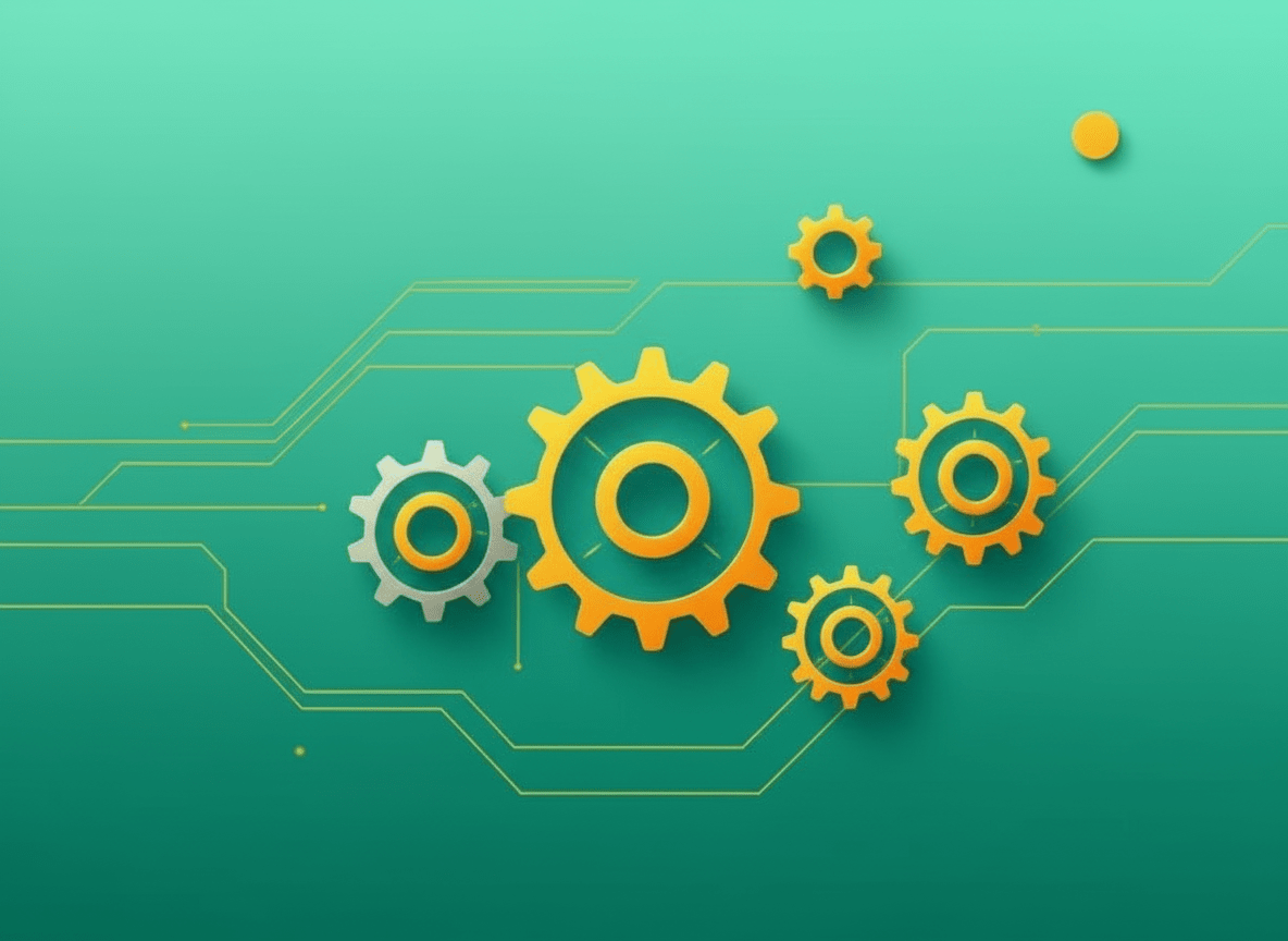 Gears in various sizes and colors on a teal background, symbolizing change management and organizational transformation.