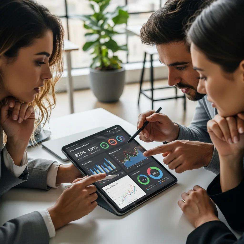 Team analyzing adoption metrics on a digital tablet in a modern workspace, discussing AI readiness strategies.