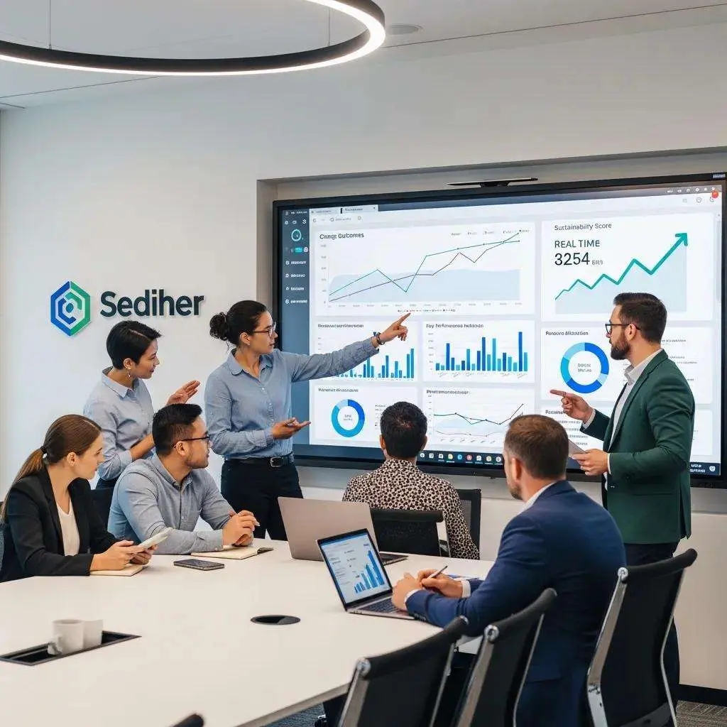 Team analyzing data to track and sustain change outcomes in a conference room