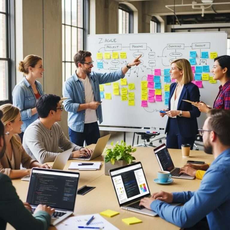 Diverse agile team collaborating on sprint planning while integrating AI tools into their change management workflow