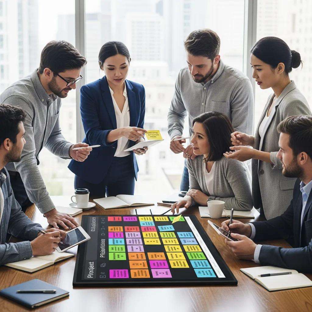 Team collaborating on project prioritization strategies using sticky notes and a digital board in a modern office setting.