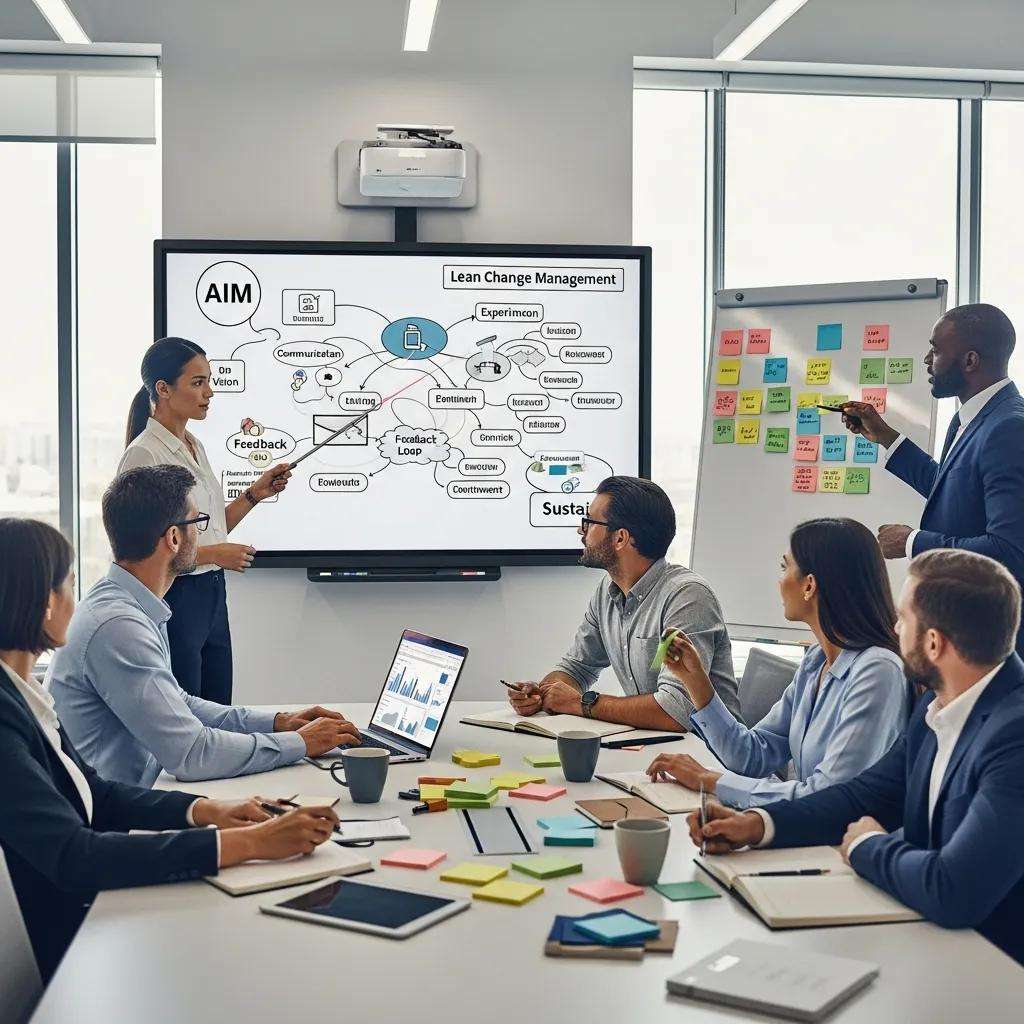 Team discussing Lean Change Management strategies with visual aids in a corporate meeting room.