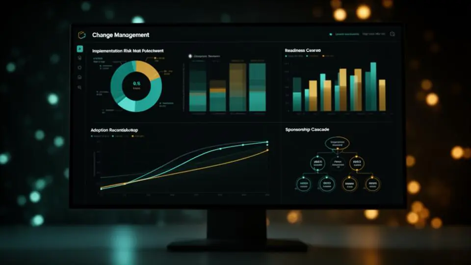Dashboard displaying change management metrics, including implementation risk, adoption rates, and readiness curves.