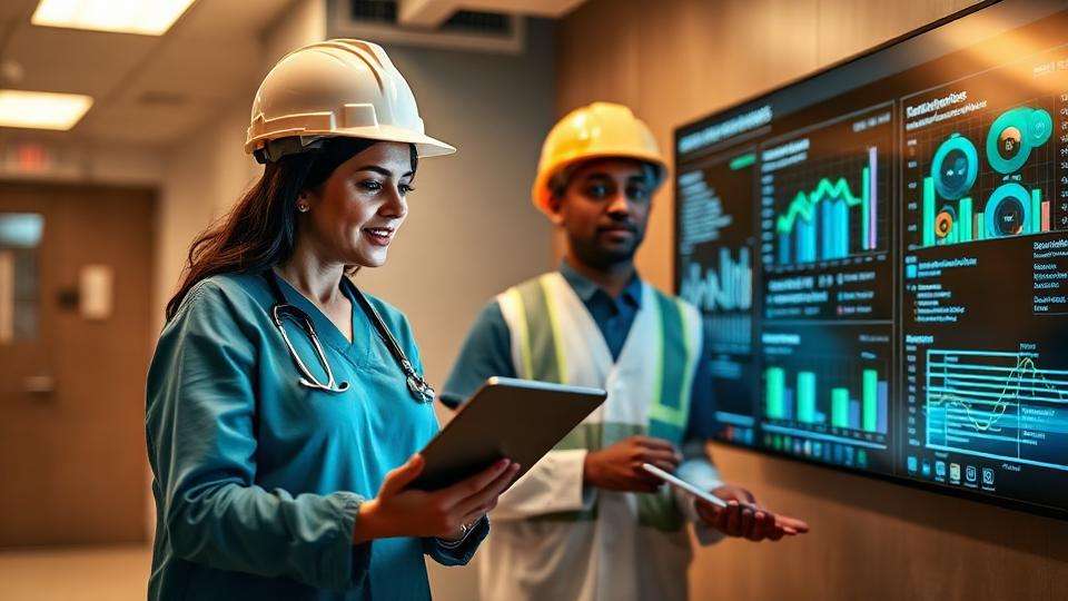 Professional reviewing change assessment results on large display