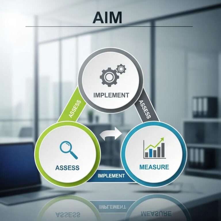 Visual representation of the AIM methodology framework for implementation management and change management, illustrating assess,