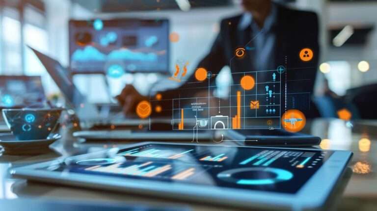 Man interacting with digital interface illustrating behavior change transformation and implementation management.