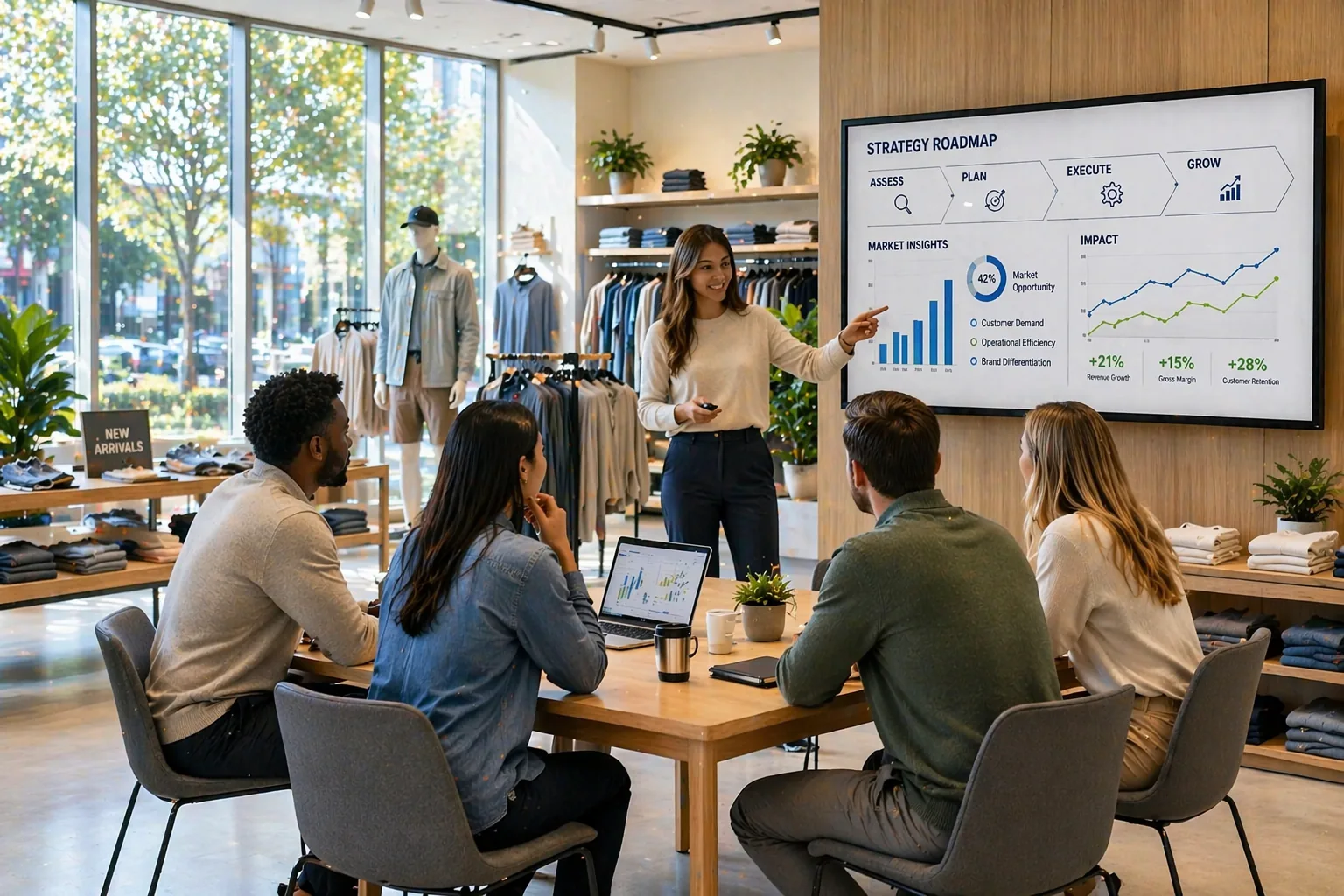 Team discussing retail strategy roadmap with data insights on screen in modern store setting.