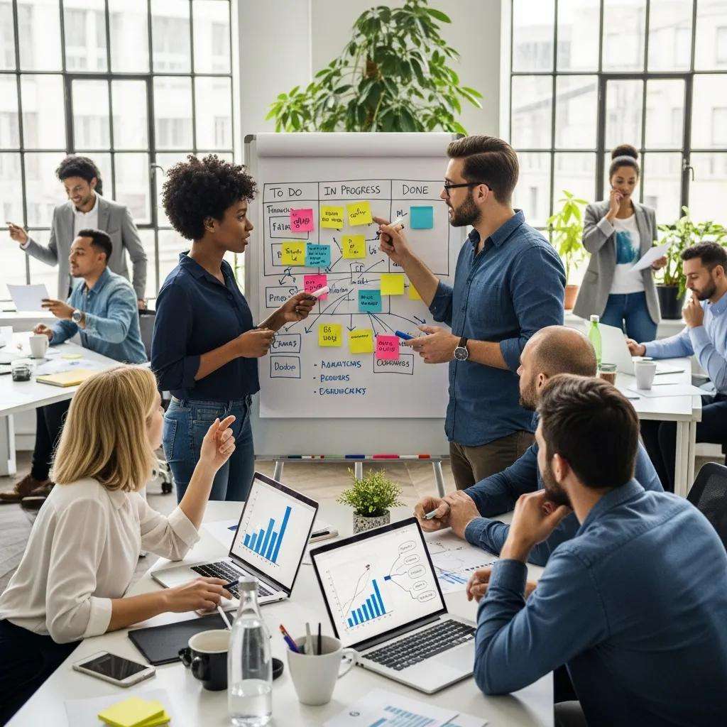 Diverse professionals collaborating on agile change management strategies in a modern office setting.