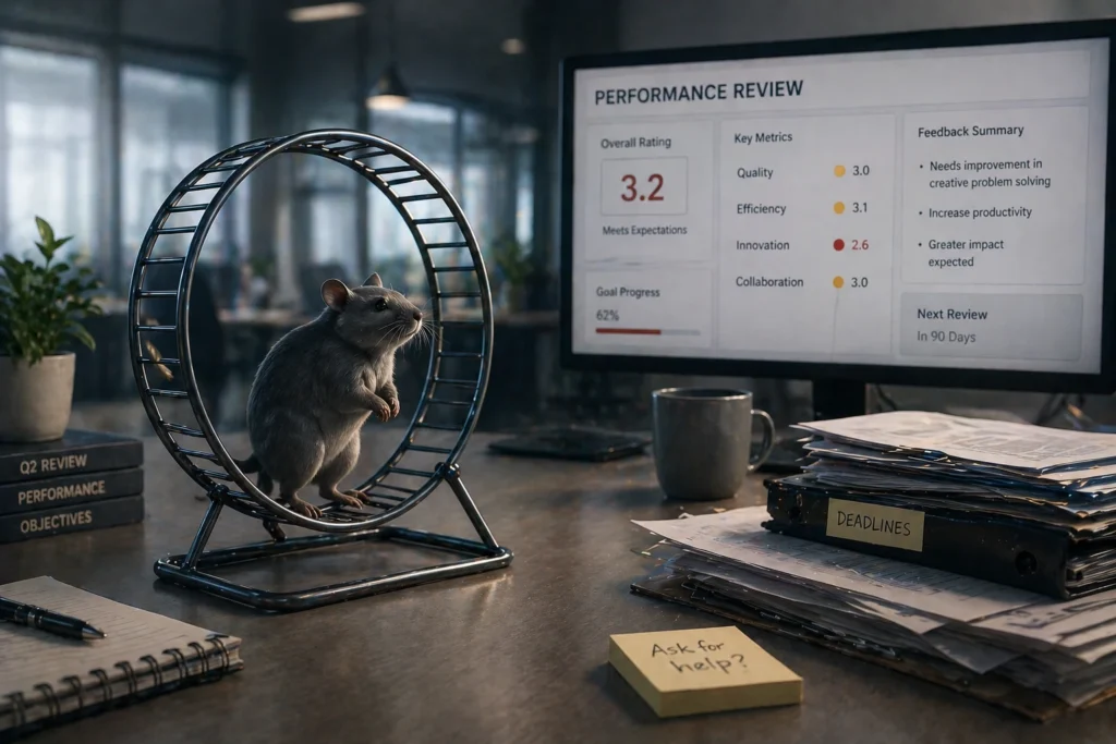 Gerbil running in wheel on office desk, performance review screen displaying ratings and feedback, papers and coffee cup nearby.