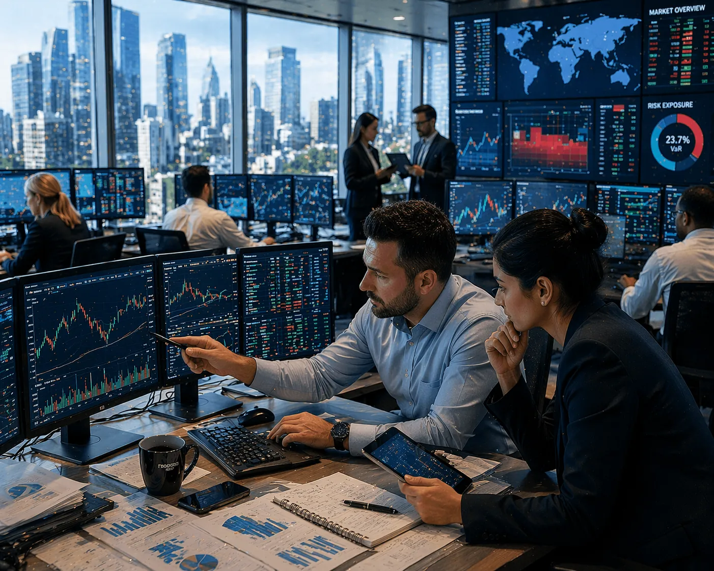 Financial analysts reviewing trading data on multiple screens in a modern office setting.