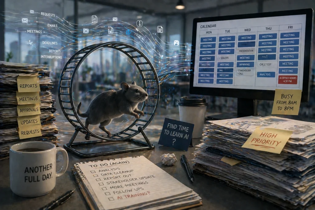 Hamster running in wheel surrounded by cluttered desk, overflowing paperwork, and busy calendar, illustrating workload challenges in AI adoption.