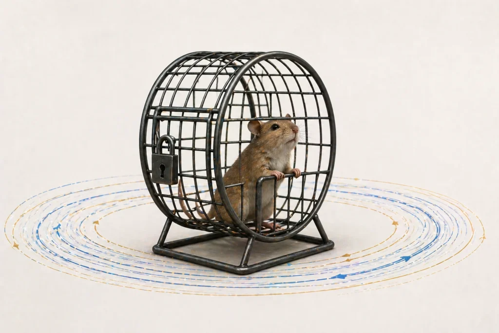 Gerbil in a wire exercise wheel, symbolizing repetitive tasks and the challenge of productivity in AI adoption.