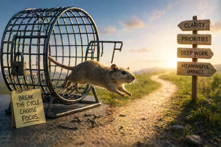 Gerbil running in wheel illustrating AI implementation challenges and lack of focus, hindering change management.