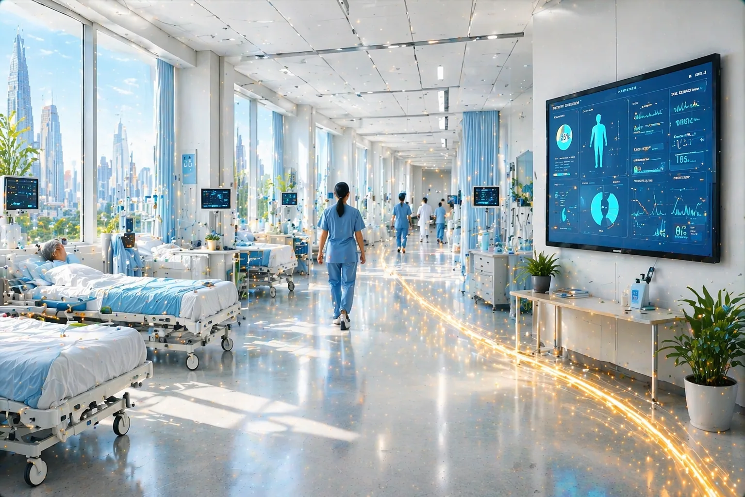 Modern hospital corridor with healthcare professionals, patient beds, and digital health monitoring screens.