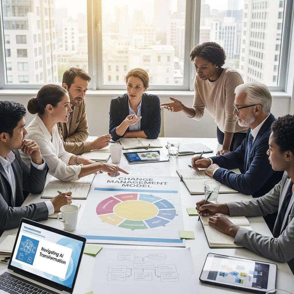 Leadership team discussing change management strategies around a table with a visual model for AI transformation.