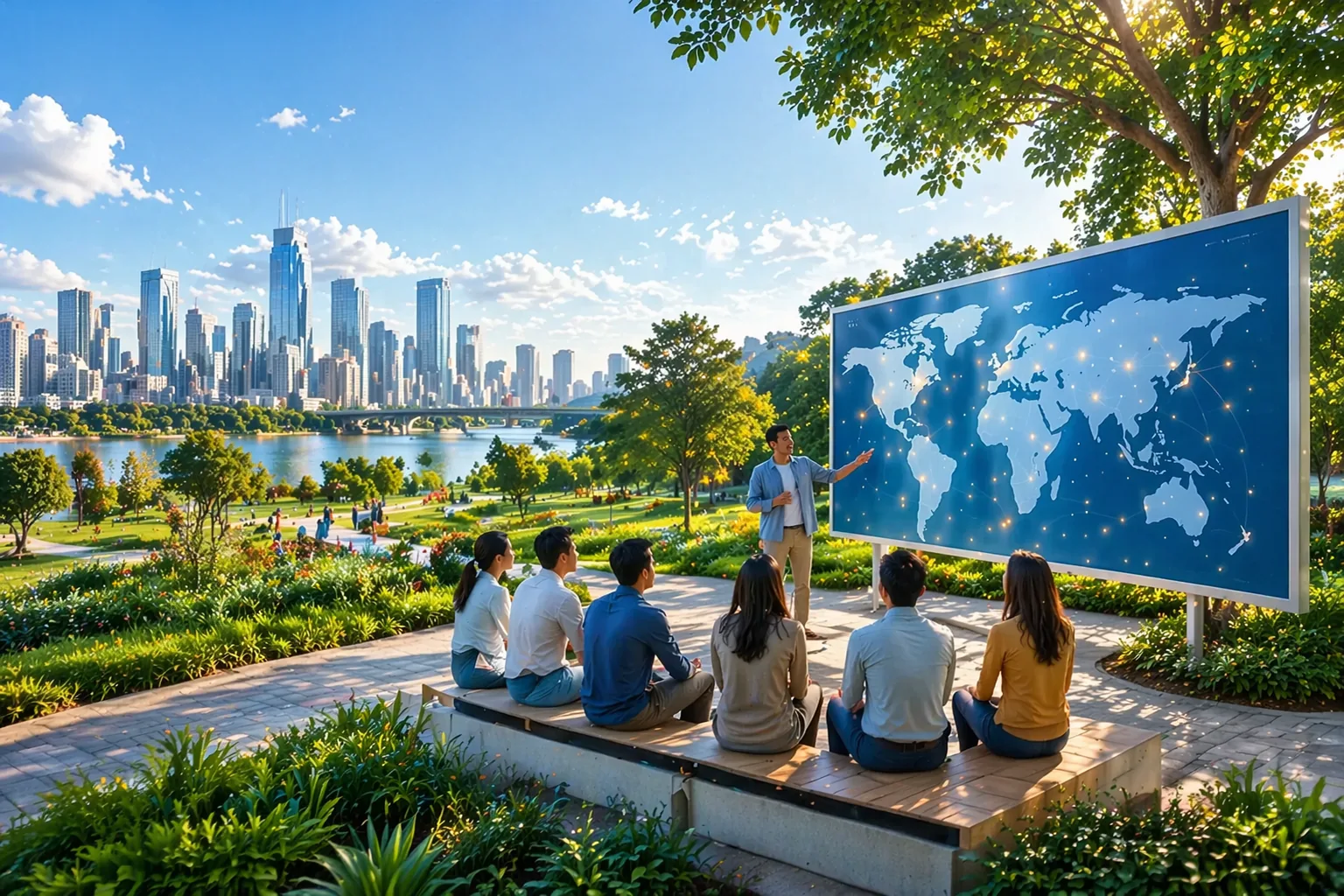 Group of people in a park attending a presentation about global program delivery, with a city skyline in the background.