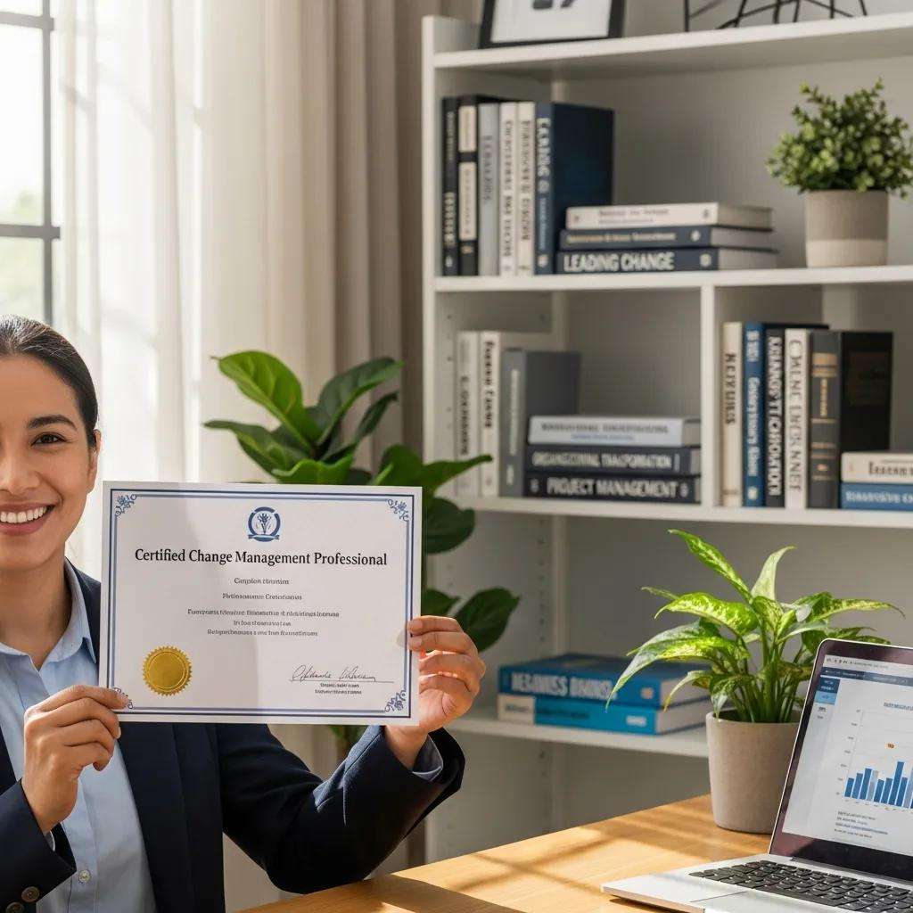 Certified Change Management Professional holding a certificate in an office setting, symbolizing career advancement in change management.