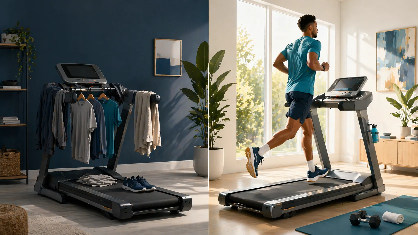 Treadmill with workout clothes hanging, man running indoors, emphasizing fitness and exercise in a home setting.