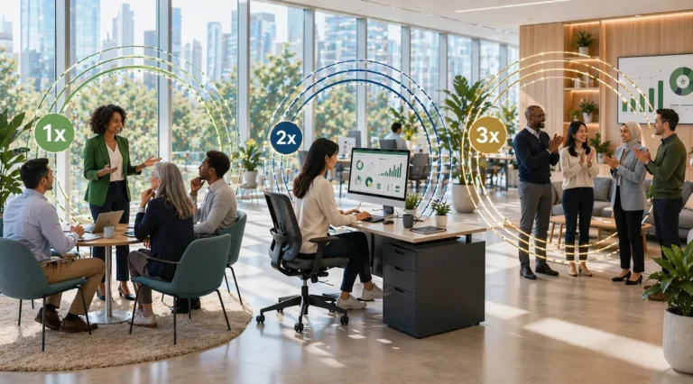 Diverse team collaborating on implementation management and AI transformation, showcasing change management strategies.