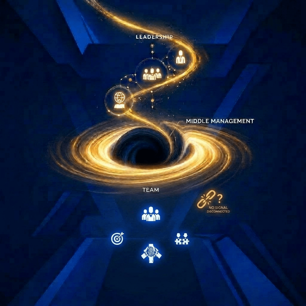 Visual representation of the sponsorship black hole, where executive change signals disappear before reaching frontline teams.