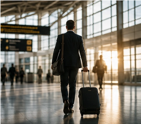 A professional with a case walking through a sunlit transit hall, in motion between contexts
