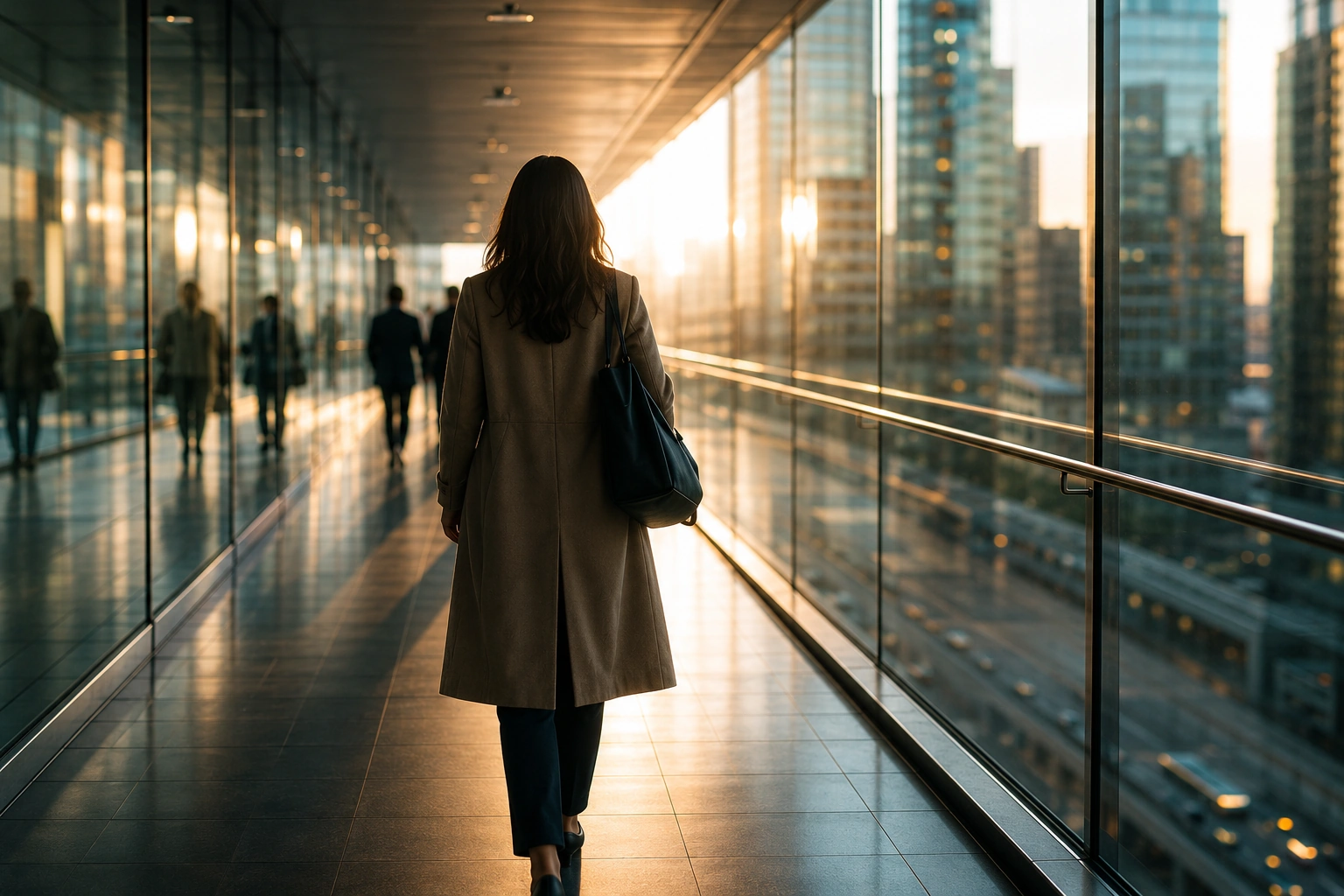 A professional walking down a corridor toward late afternoon light, in motion through architectural space