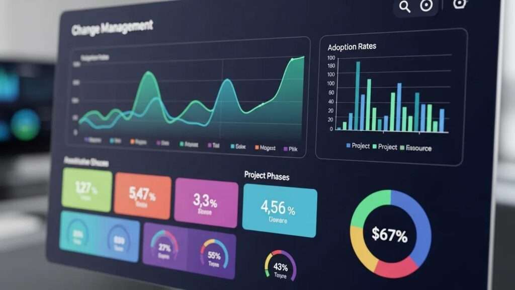 Digital dashboard displaying change management metrics, including adoption rates and project phases, for AI governance insights.