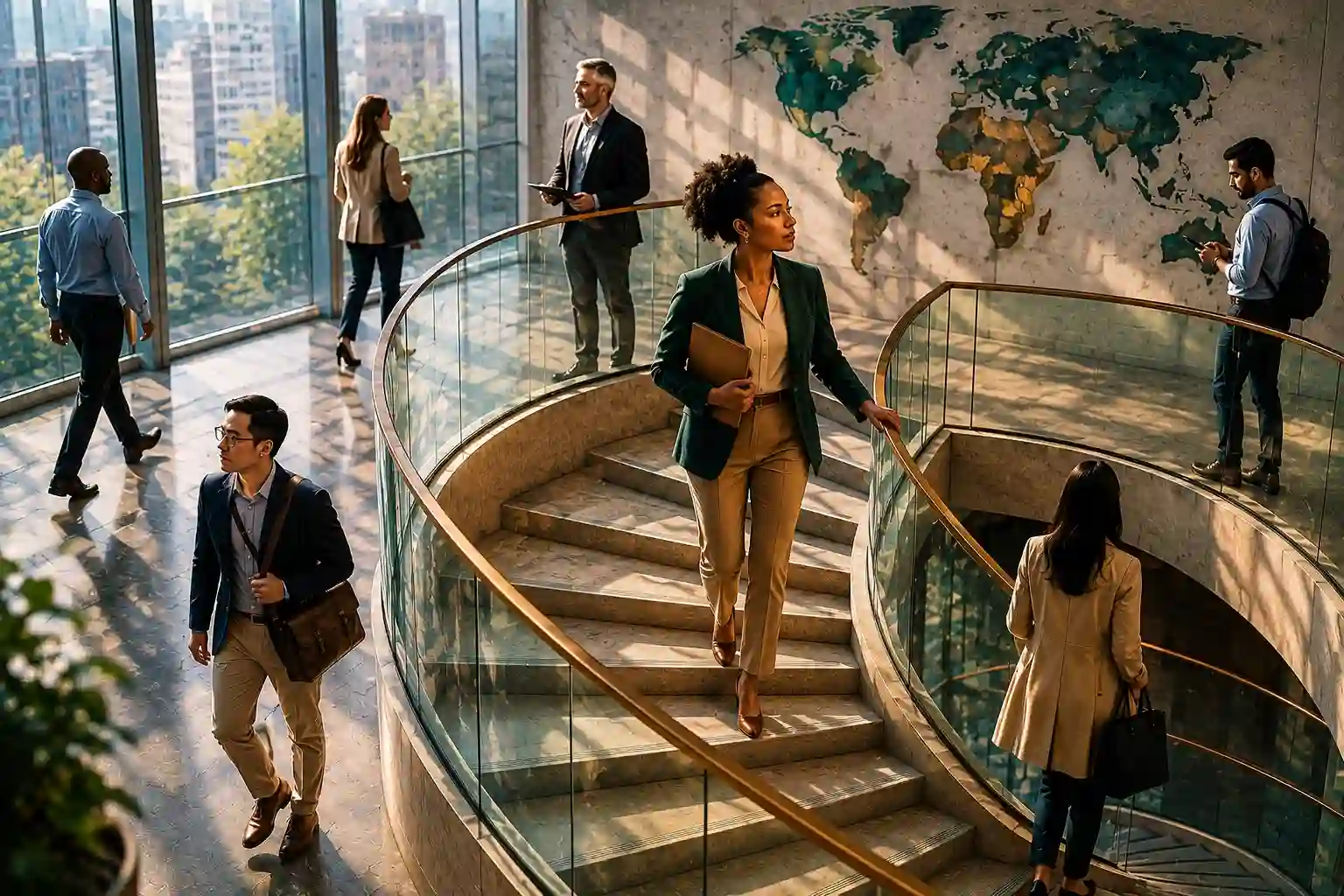 Diverse team navigating a staircase representing career strategy reset and organizational change management.