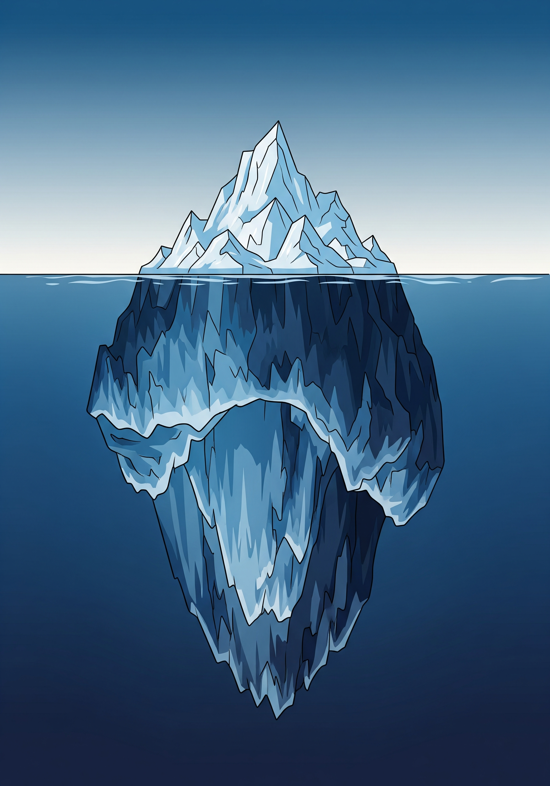 Iceberg illustration with a small visible peak above the waterline and a much larger submerged mass below, representing how visible change activities like training and communication are dwarfed by the reinforcement systems beneath that actually determine adoption.