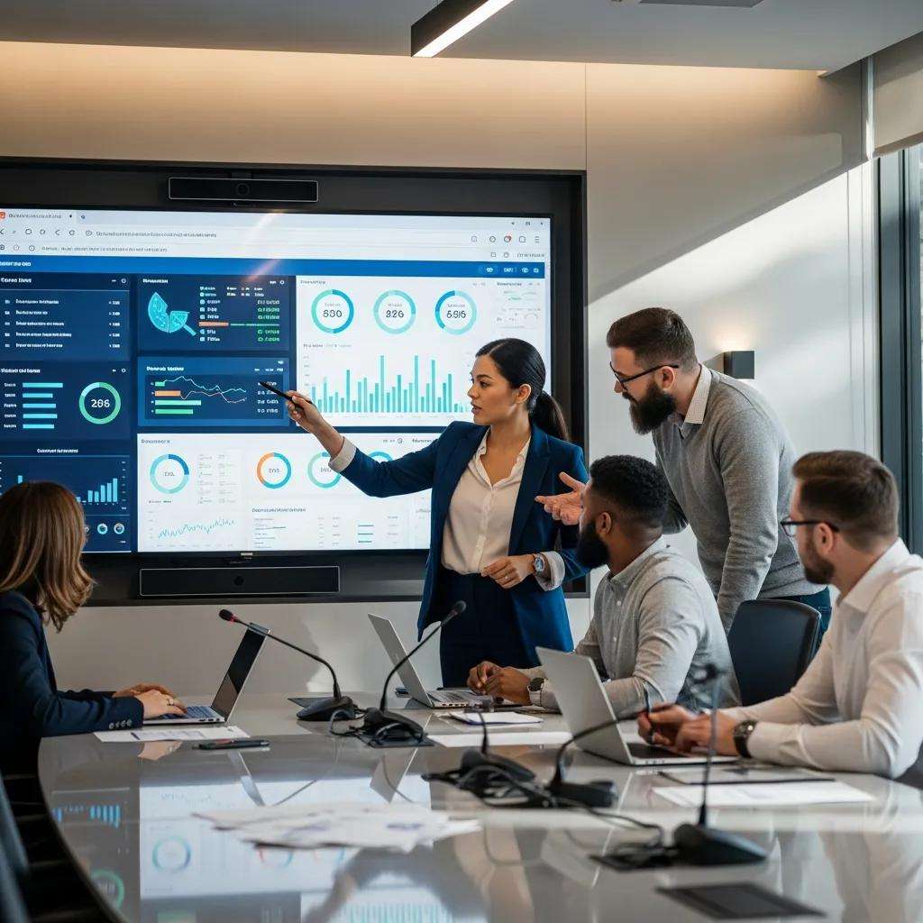 Team reviewing metrics and KPIs to evaluate AI project adoption