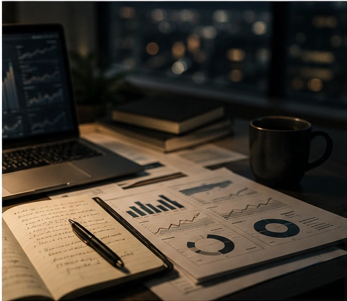 A desk in evening light with charts, a notebook, and a laptop, the close work of reading the signal