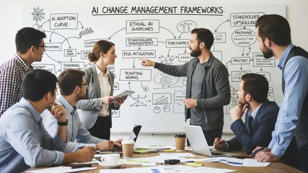 Team working through AI change management frameworks on a whiteboard