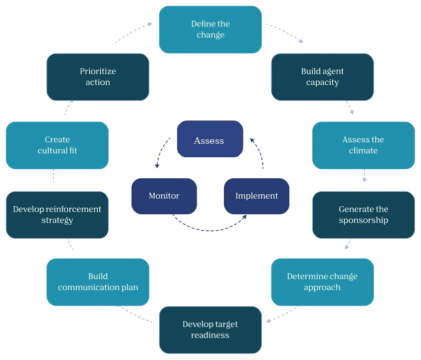 The AIM road map framework showing the 10 practice areas around a central Plan, Implement, Monitor cycle