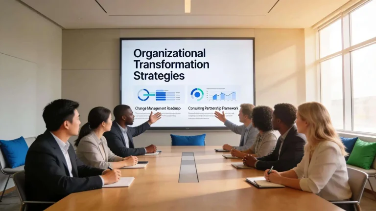 Business professionals discussing organizational transformation strategies and change management roadmap.