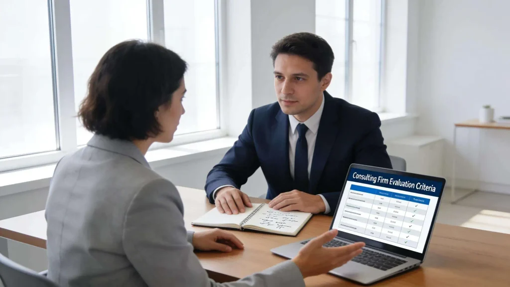 Business professionals evaluating consulting firms, reviewing implementation management criteria and change management methodology.