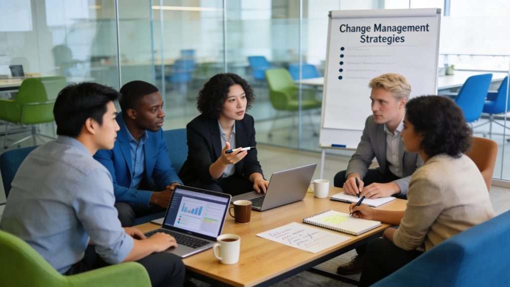 Professionals collaborating in a modern office setting, emphasizing teamwork in change management consulting