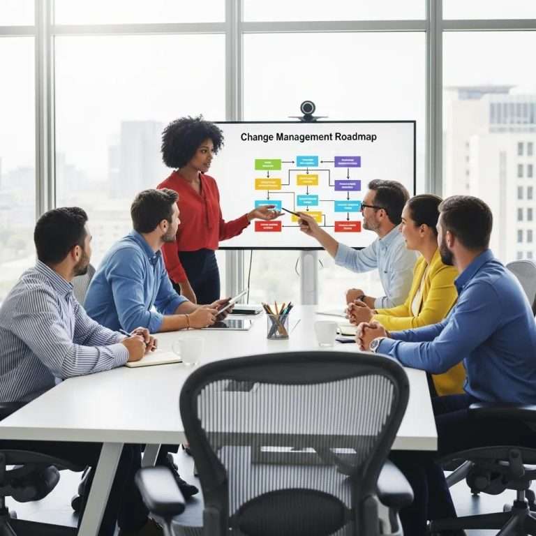 Diverse team collaborating on change management strategies in a modern office