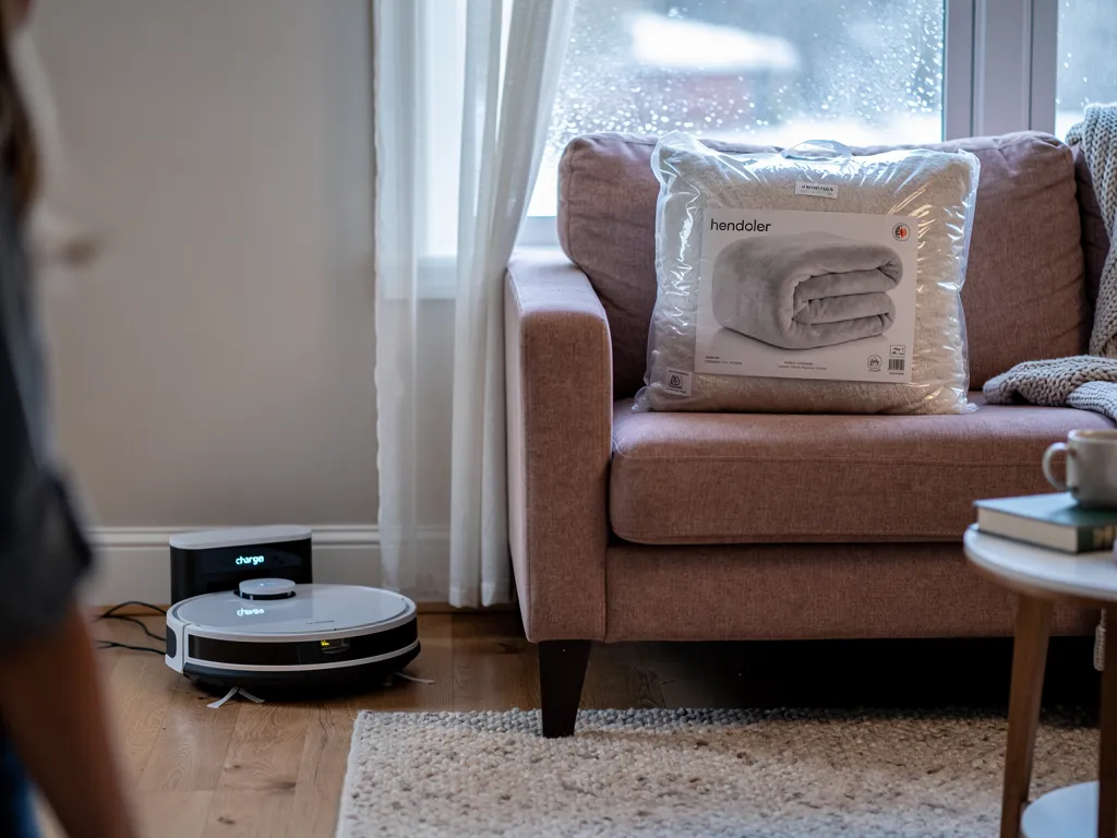 Electric blanket and robot mop sitting unused in a home