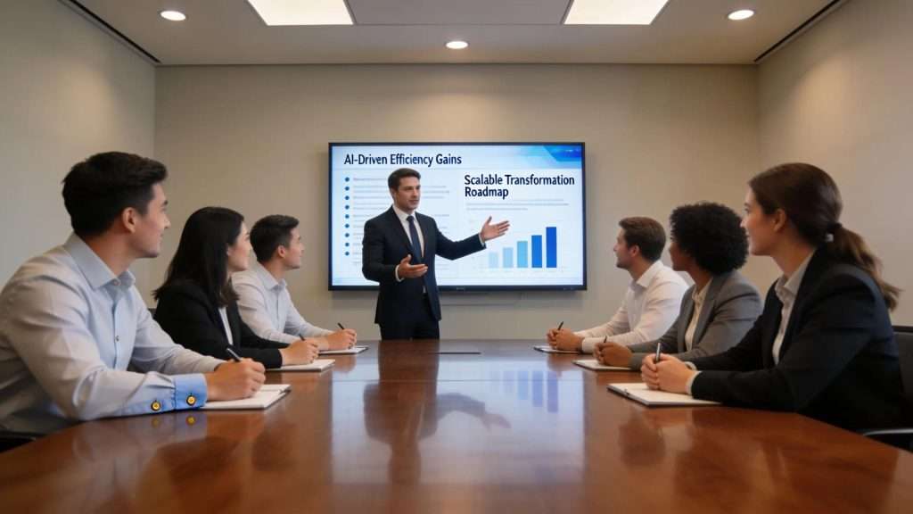 Business leader presenting AI transformation benefits in a boardroom meeting