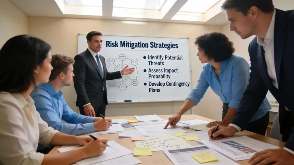Executive discussing risk management strategies with a team in a collaborative planning session