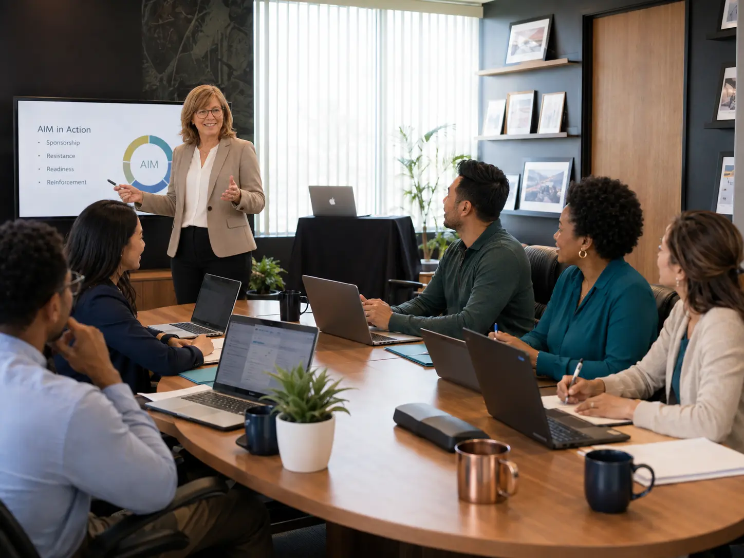 Instructor presenting an AIM in Action session to a seated group of practitioners in a boardroom