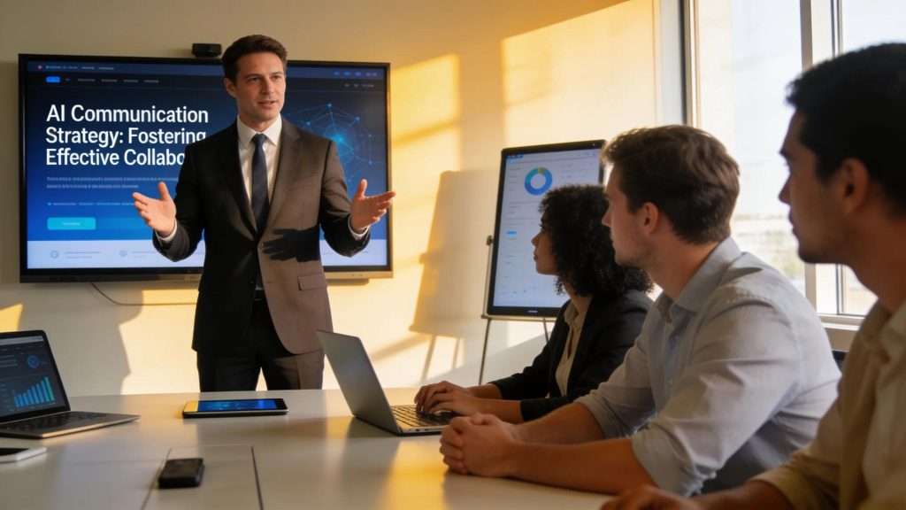 Leader presenting vision for AI change to engaged team members in a modern workspace