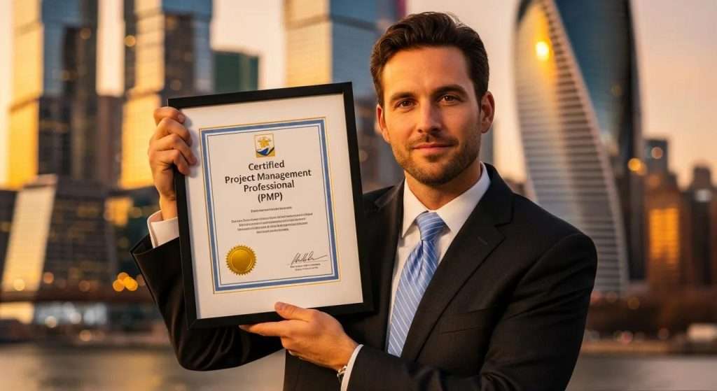 Man holding framed Certified Project Management Professional (PMP) certificate, supporting CCMP and implementation management skills.
