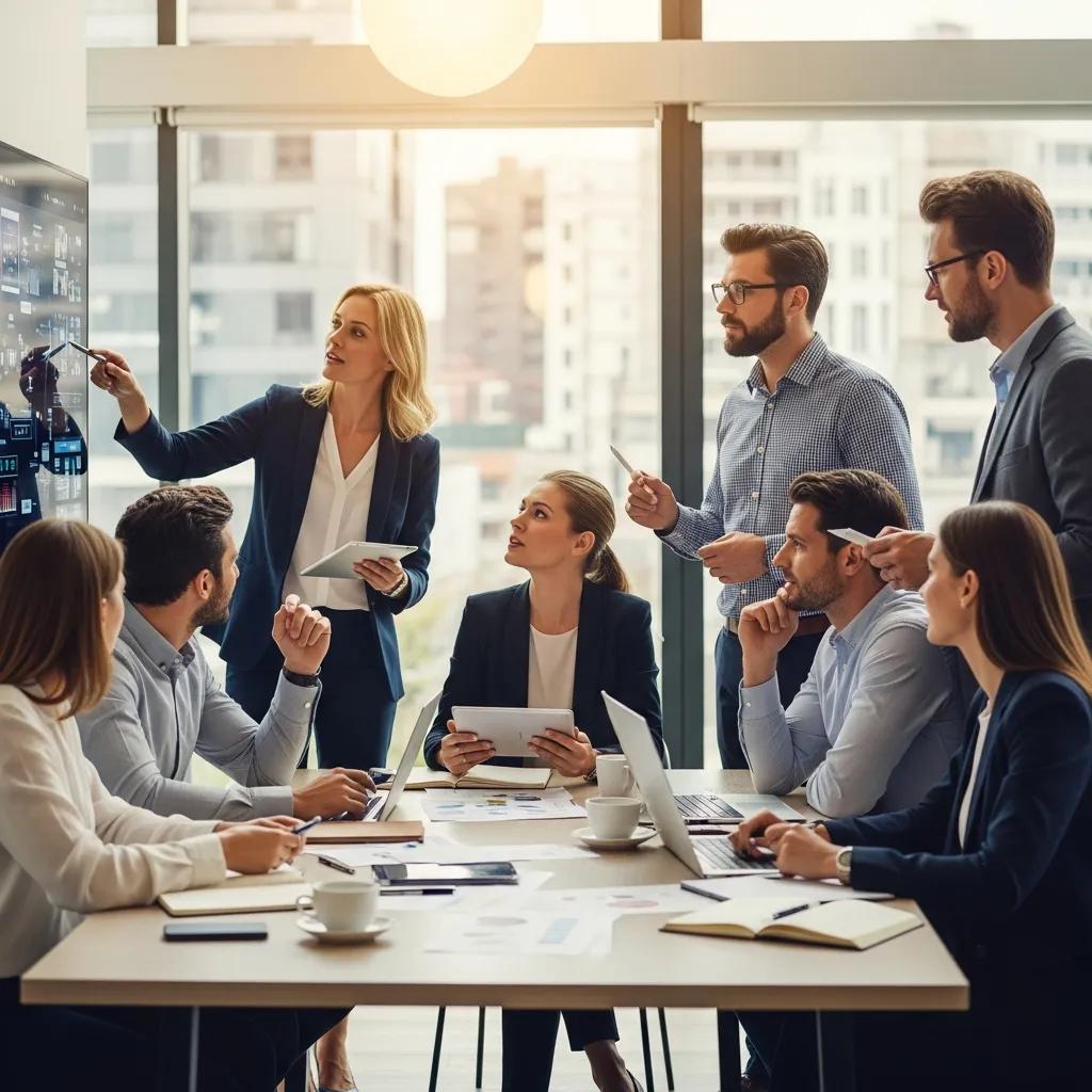 Diverse professionals collaborating on transformational change in a modern office
