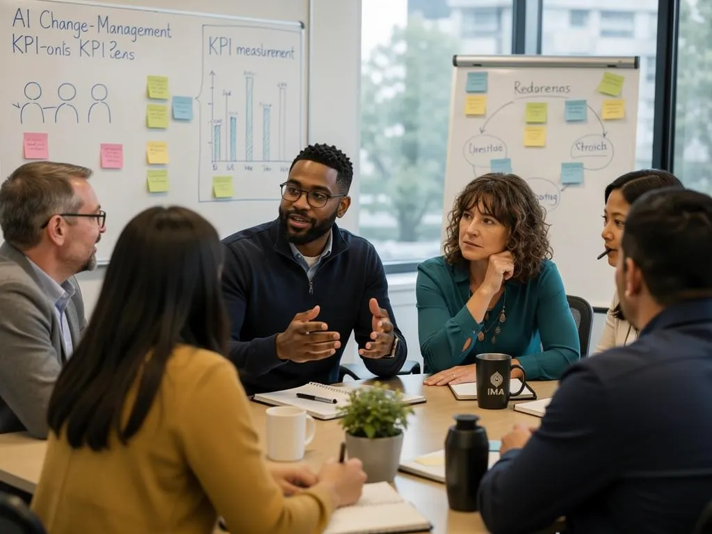 Cross-functional team around a boardroom table discussing change measurement, with KPI charts and planning notes on the wall