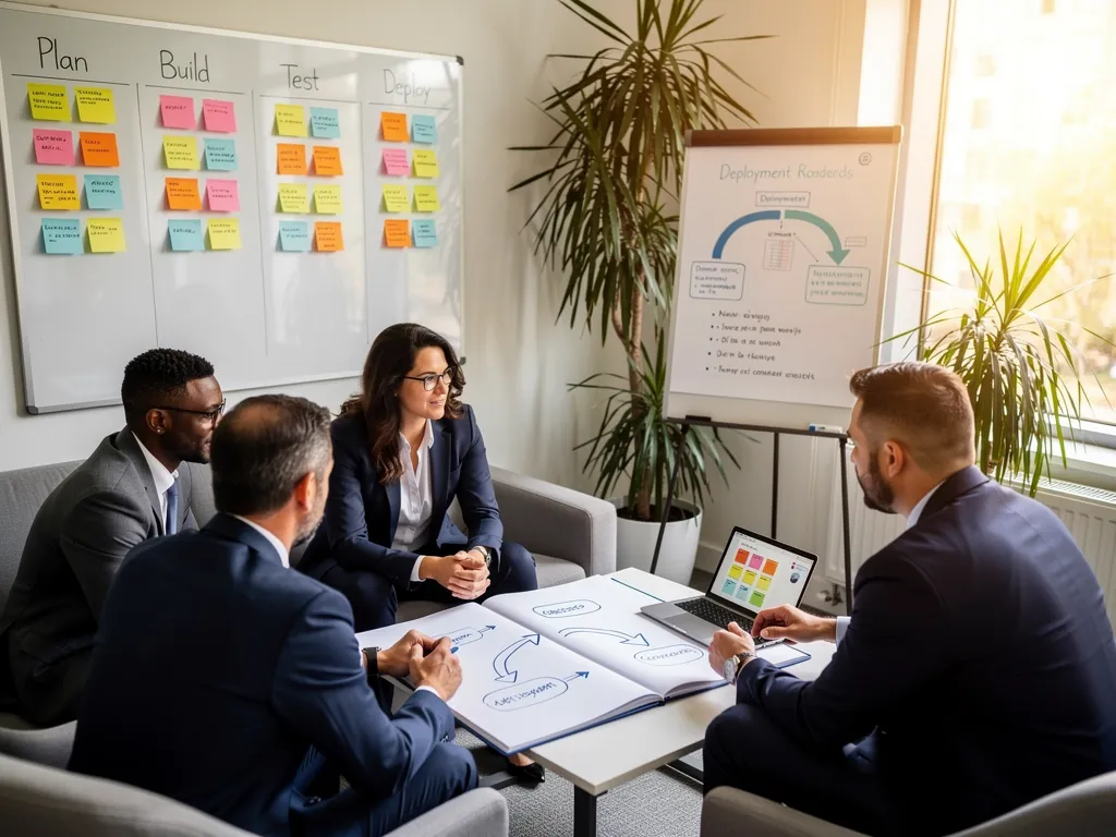 Colleagues in business-casual attire reviewing AI adoption measurement and implementation data