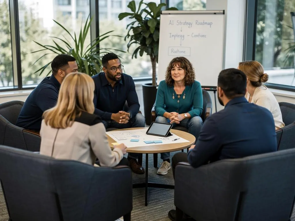 Small group seated in a circle working through an implementation roadmap on a flip chart
