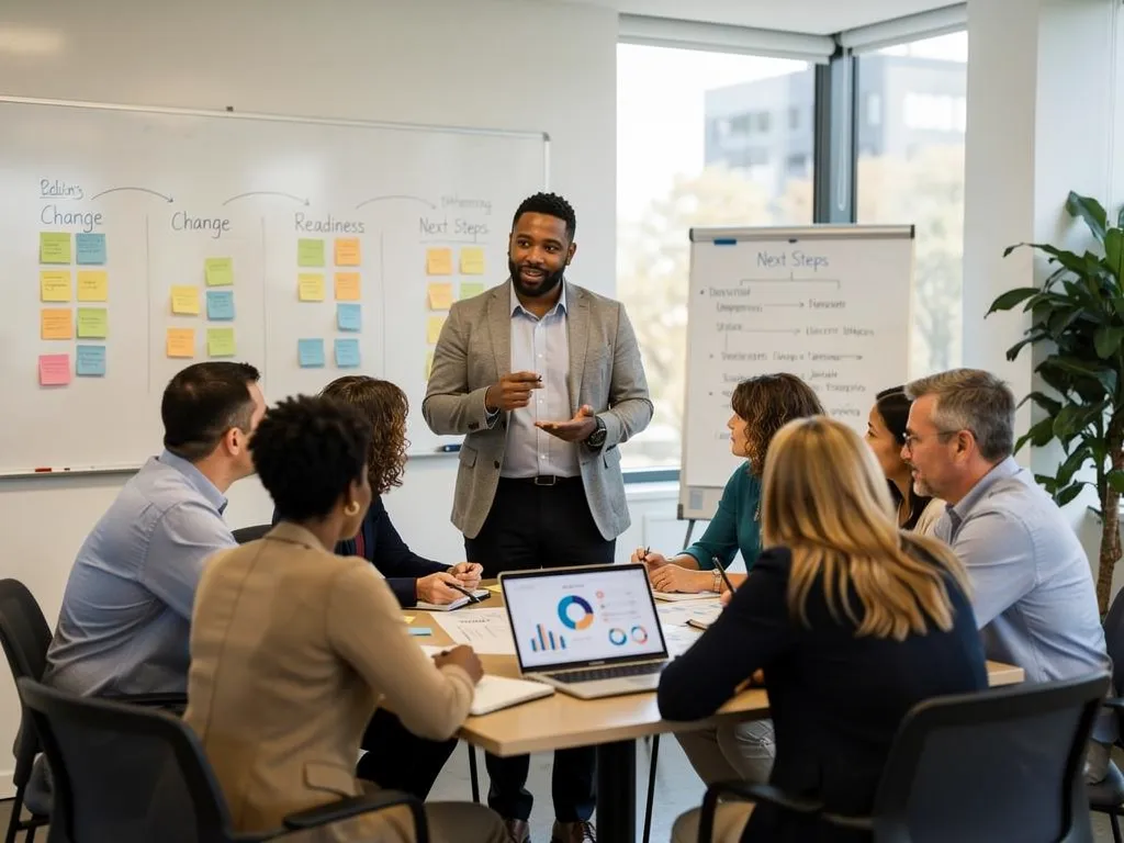 Team leader in a business-casual meeting discussing AI implementation risk with colleagues