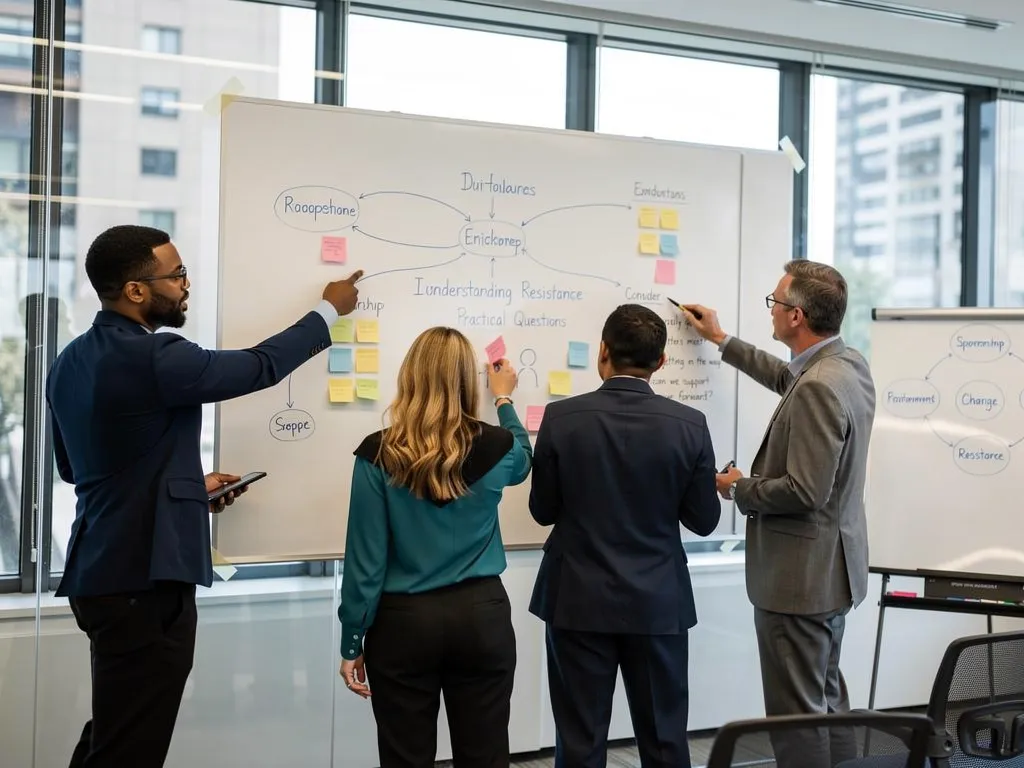 Team in business-casual attire discussing scaling an AI pilot into enterprise implementation