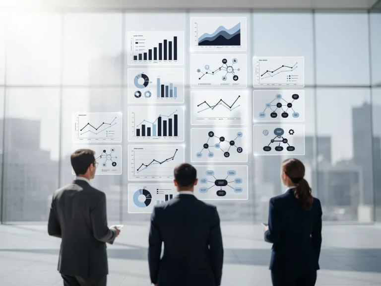 Business professionals analyzing data dashboards for implementation management and change monitoring.